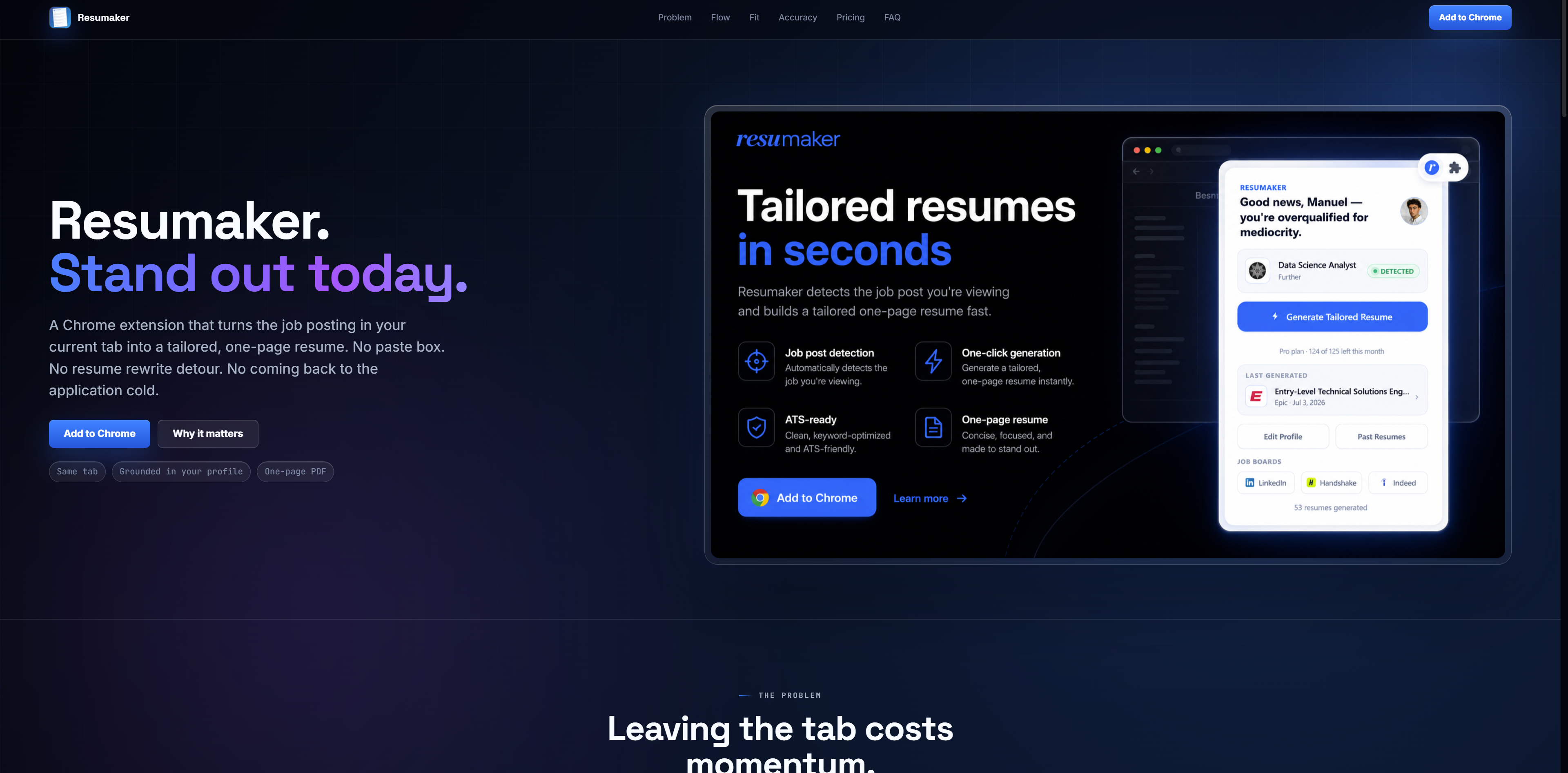 Resumaker landing page: tailored resumes in seconds